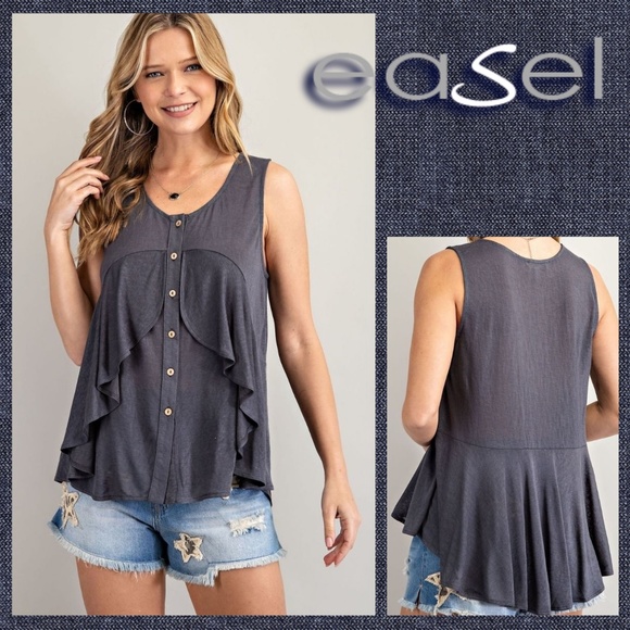 EASEL Button Down Flowy Tunic Top Ruffle Detail Front Pleated Back - Picture 1 of 14